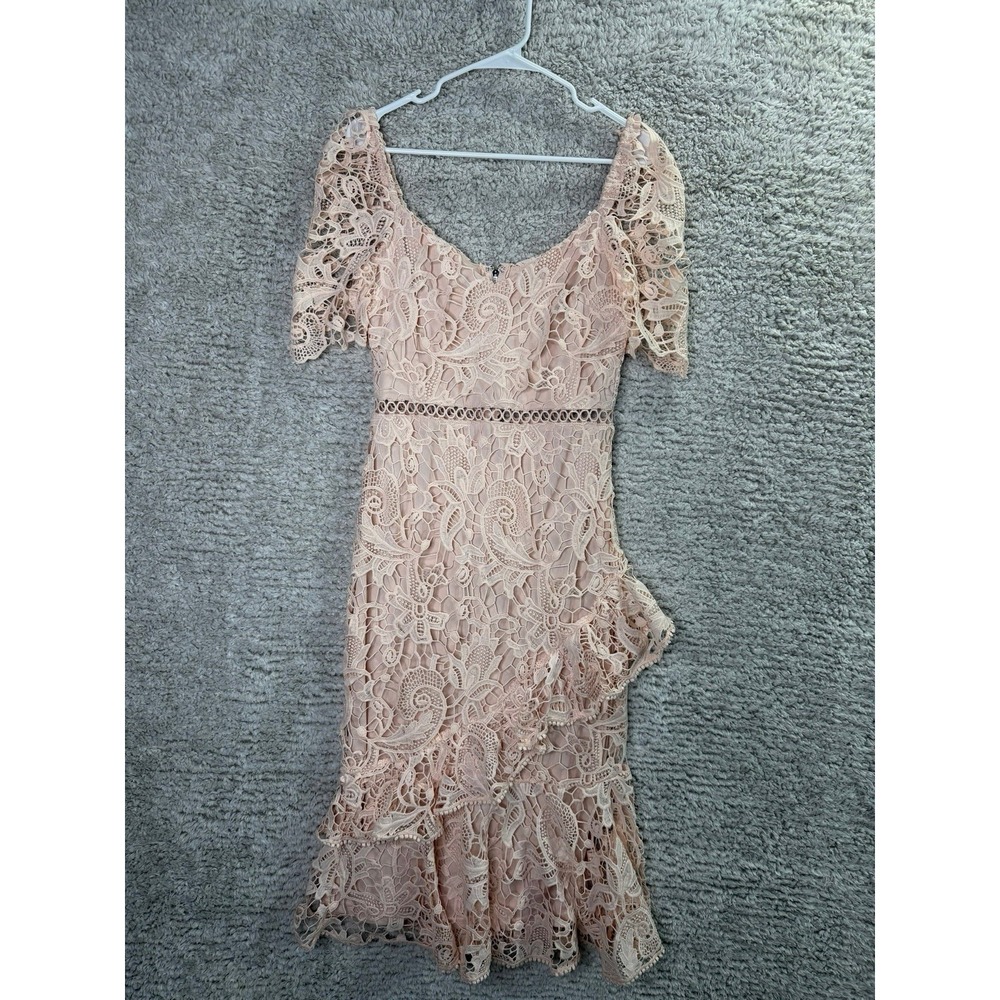 Lulus Midi Dress Women's M Pink Floral Lace V-Neck Puff Sleeve Fit & Flare